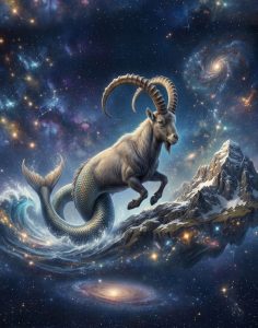 A majestic Capricorn sea-goat with large curved horns and a shimmering fishtail, leaping from a rugged, snow-capped mountain peak into a swirling cosmic night sky filled with galaxies and nebulae.
