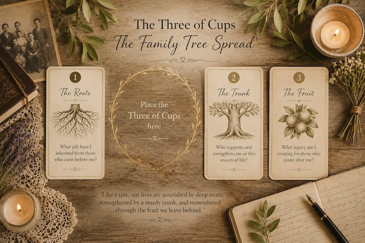 The Family Tree tarot spread displayed on a rustic wooden table with three card positions labeled Roots, Trunk, and Fruit, plus a central space for the Three of Cups. Vintage family photographs, candles, greenery, and handwritten journals reinforce the theme of ancestry and legacy.