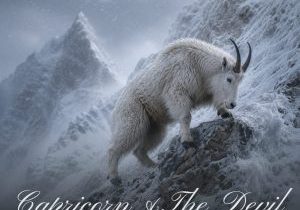 White mountain goat climbing a snowy mountain during a winter storm with the text “Capricorn & The Devil: Control, Ambition, and Spiritual Freedom.”