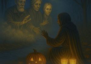 A mystical Samhain night scene showing a cloaked figure kneeling before a misty veil, reaching toward three ancestral spirits under a crescent moon. A glowing pumpkin and two illuminated cups symbolize remembrance and transformation.
