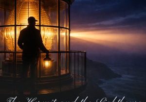 Silhouette of a hermit-like lighthouse keeper holding a lantern in front of a glowing Fresnel lens at the top of a lighthouse, looking out over the dark Pacific Ocean at twilight.
