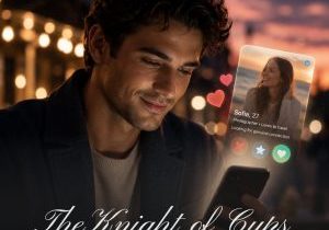 A smiling young man sits at an outdoor café at dusk, looking at a dating app on his phone. A glowing profile card and floating heart icons suggest the excitement, hope, and romantic possibility of a new connection.