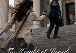 A determined reporter rushes up the steps of a courthouse with a microphone extended toward a suited man who turns back and raises his hand as if refusing to answer questions.