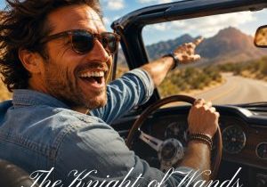 Smiling man driving a convertible on a sunny desert highway, pointing excitedly toward the horizon as mountains rise in the distance.