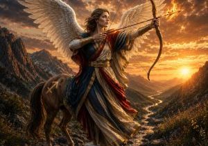 Winged archer with a flaming arrow standing with one foot in a mountain stream at sunset, symbolizing the integration of Sagittarius and the Temperance card.
