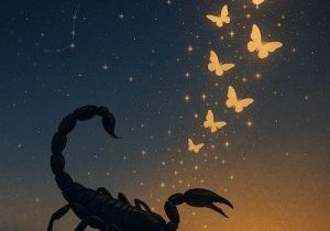 Scorpion dissolving into butterflies against the night sky