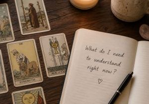 A tarot spread beside an open journal with a handwritten question, illuminated by soft candlelight.