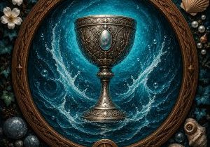 Decorative silver chalice surrounded by swirling blue water within a carved circular frame, representing the Suit of Cups in tarot.