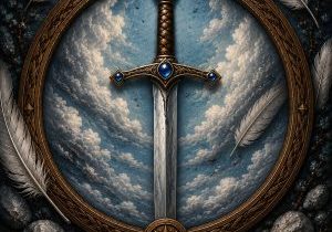 Decorative sword set against a sky of swirling clouds and feathers within a circular frame, representing the Suit of Swords in tarot.