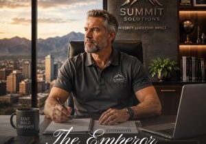 A thoughtful company president sits at a modern executive desk overlooking rugged mountains. Dressed in a business-casual polo, he reviews documents with a calm, steady expression, reflecting the quiet strength and responsibility associated with the Emperor tarot archetype.