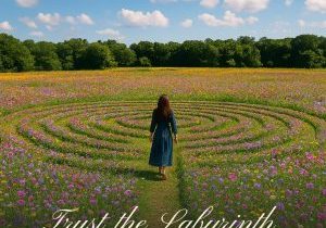 Woman walking in a wildflower labyrinth