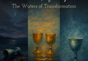 Three chalices under a Scorpio night sky - one overturned, one glowing, one misted symbolizing the 5, 6 & 7 of Cups.